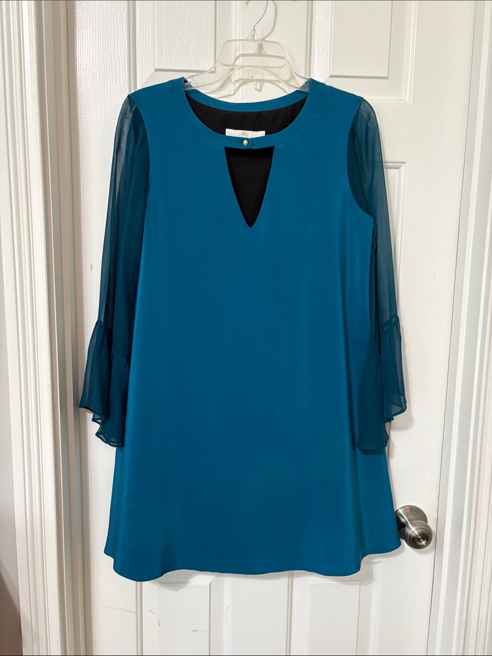 Amanda Uprichard Teal Shift Dress with Sheer Bell Sleeves